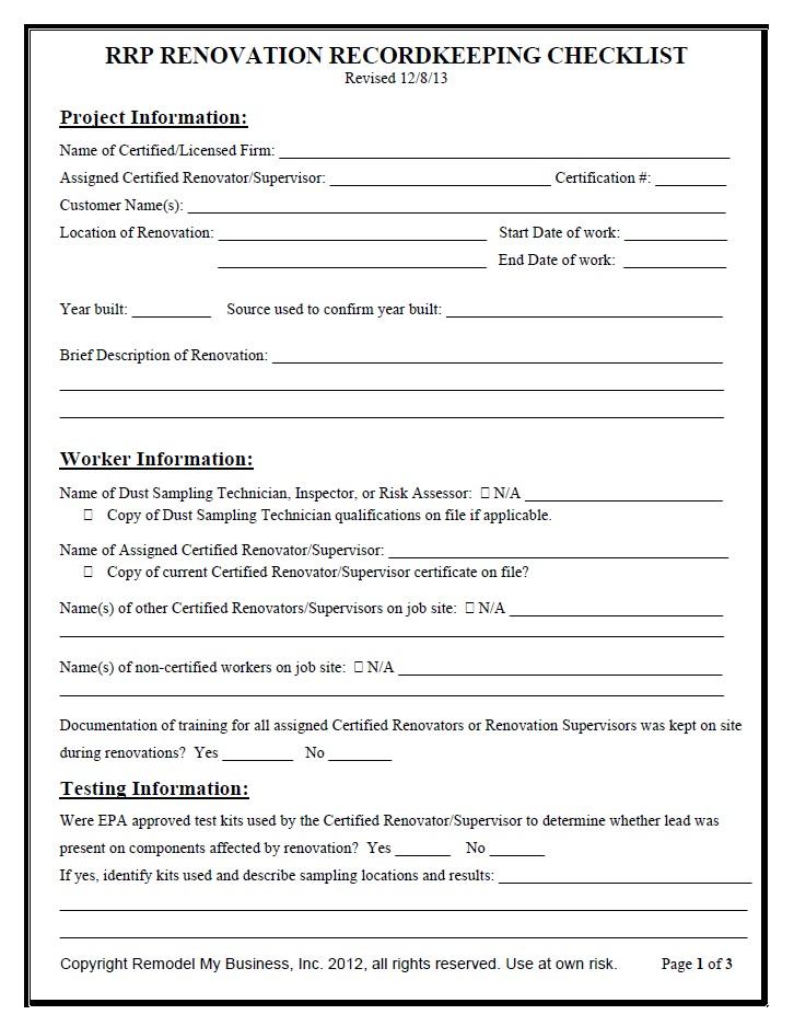 Epa Rrp Checklist Request Shawn McCadden's Free RRP Renovation Checklist Form
