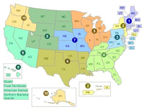 Map showing EPA Regions by state