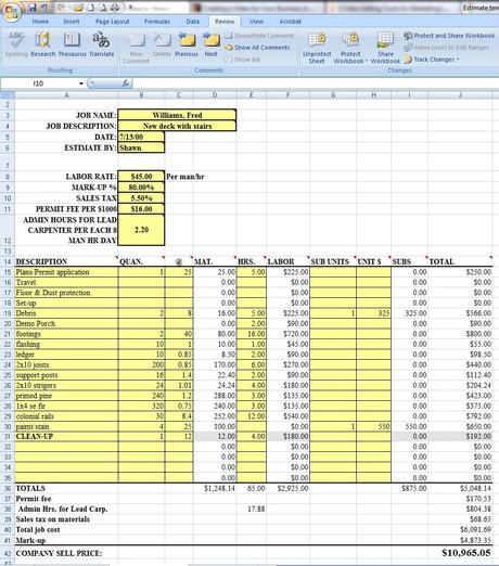 Remodeler's Excel Estimating Template